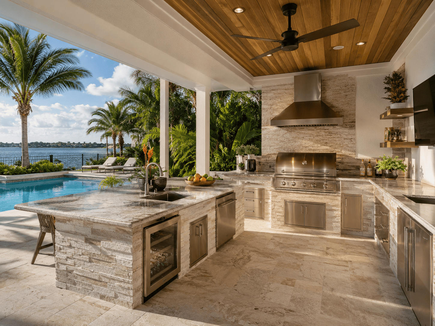 Covered outdoor kitchen beside a pool