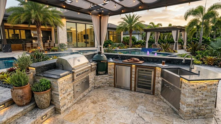 Outdoor kitchen island with stone countertop and bar seating under pergola