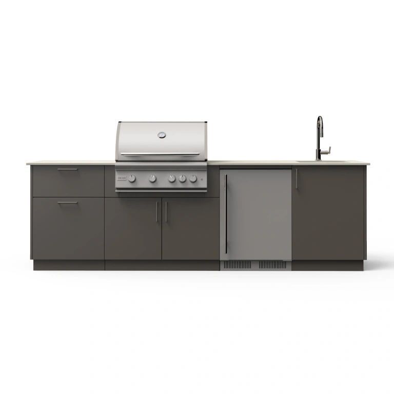 Modern outdoor kitchen island at sunset