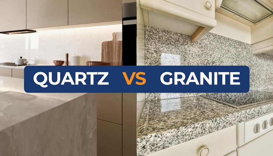 Quartz and granite countertop samples side by side comparison