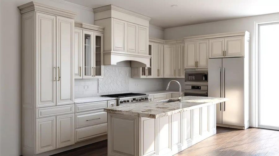 Side-by-side of stock vs semi-custom cabinet installations in a bright kitchen